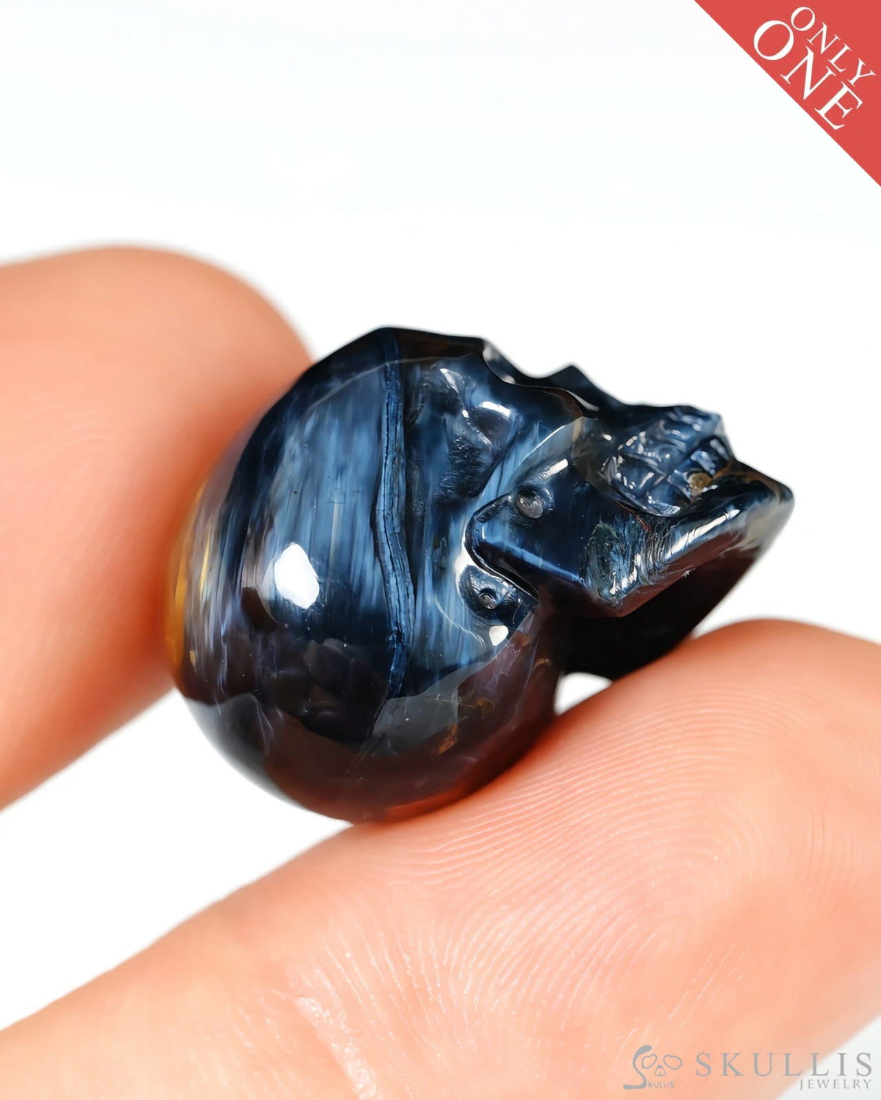 Super Flash 0.8’’ Pietersite Carved Gem Skull Skullis Realistic - Y9500461 - Tiny Gemstone Skull