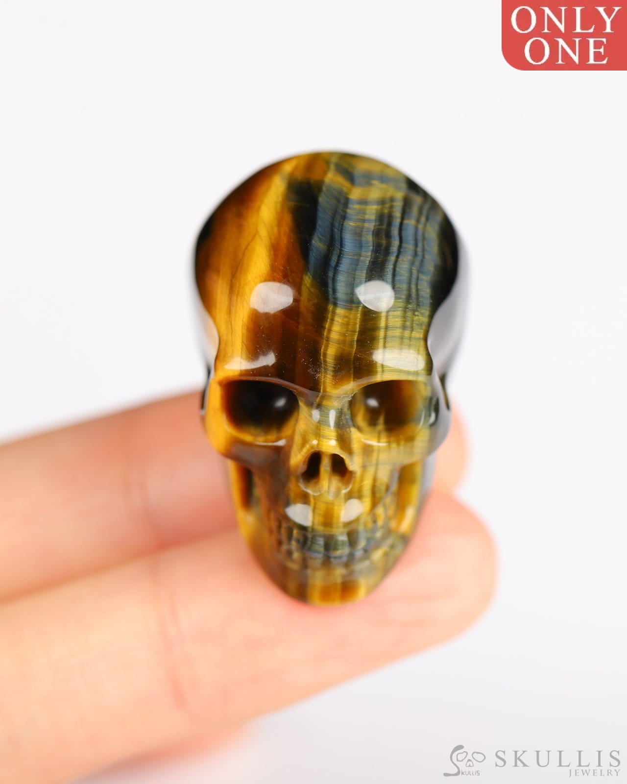 1.1’’ Blue & Gold Tiger’s Eye Carved Gem Skull Skullis Realistic - 9800185 Tiny Gemstone Skull