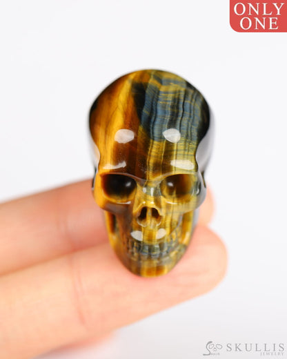 1.1’’ Blue & Gold Tiger’s Eye Carved Gem Skull Skullis Realistic - 9800185 Tiny Gemstone Skull