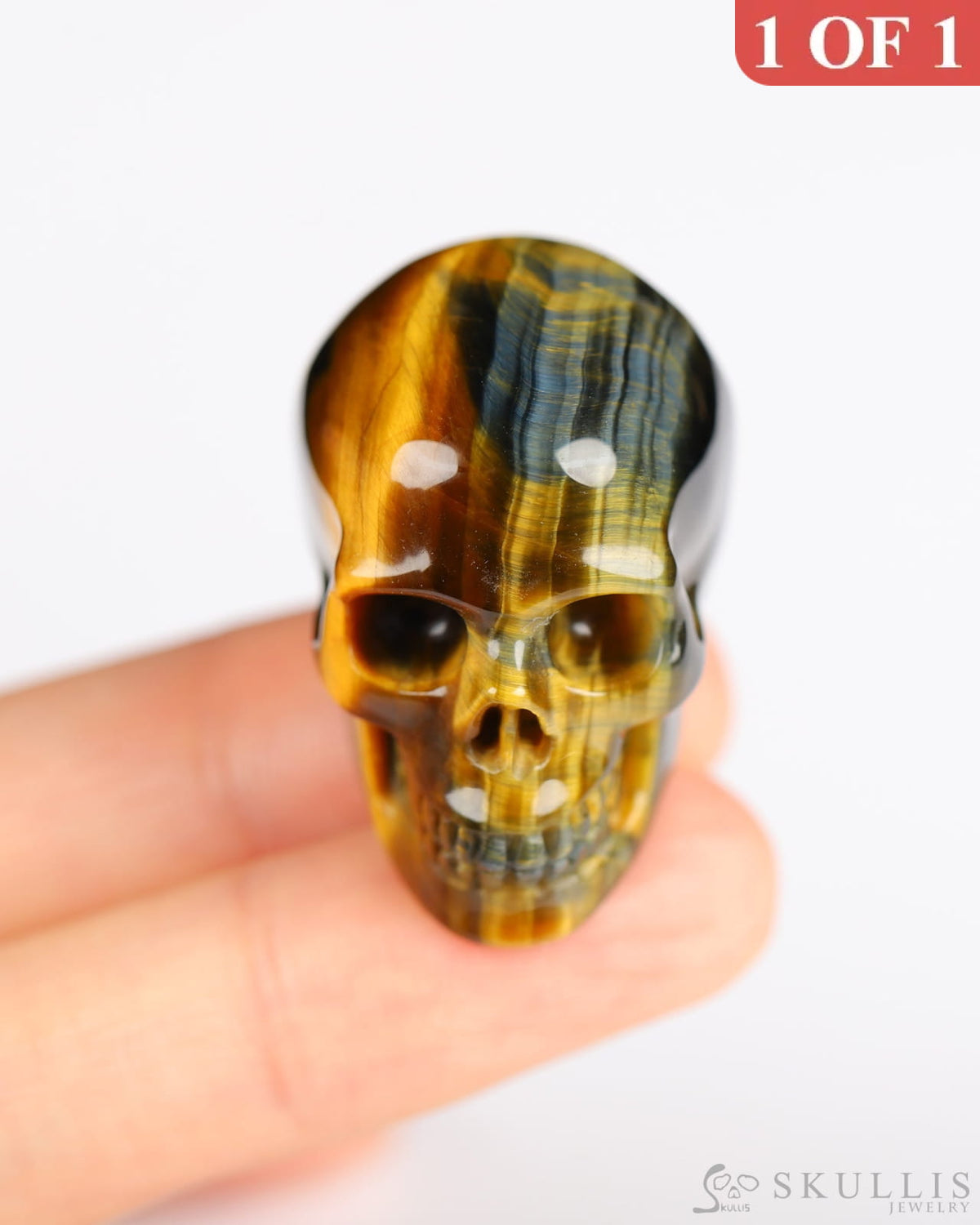 1.1’’ Blue & Gold Tiger’s Eye Carved Gem Skull Skullis Realistic - 9800185 Tiny Gemstone Skull