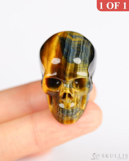 1.1’’ Blue & Gold Tiger’s Eye Carved Gem Skull Skullis Realistic - 9800185 Tiny Gemstone Skull