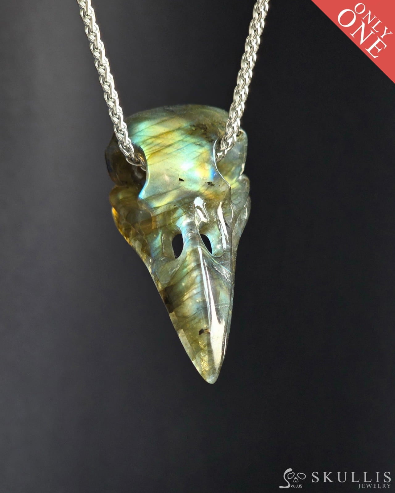 Gem Skull Pendant Necklace Of Labradorite Crystal Carved Skull With Detachable Silver Jaw