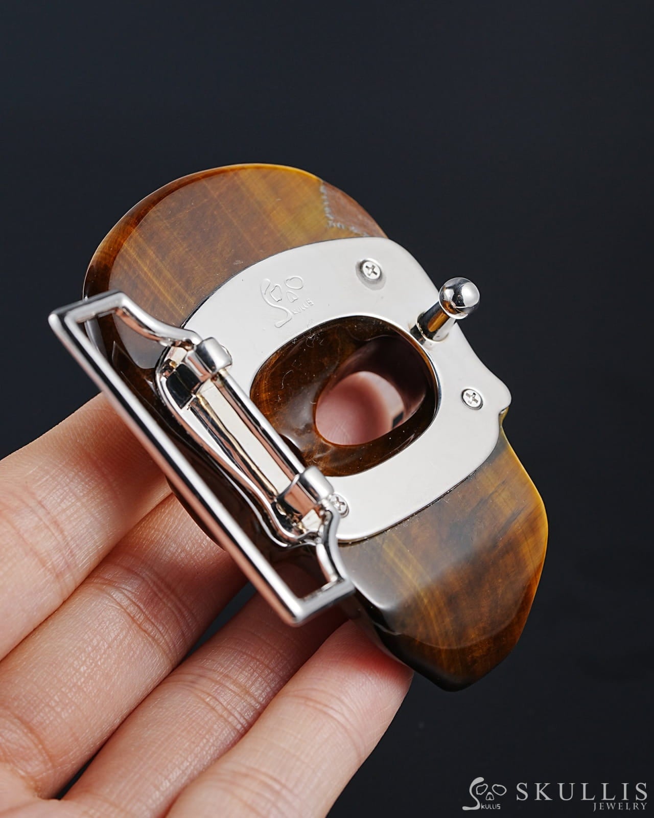 Gem Skull Buckle Of Gold Tiger’s Eye Hand Carved Hand Bones - 0800014 Skull Buckles