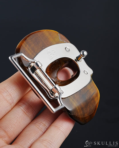 Gem Skull Buckle Of Gold Tiger’s Eye Hand Carved Hand Bones - 0800014 Skull Buckles