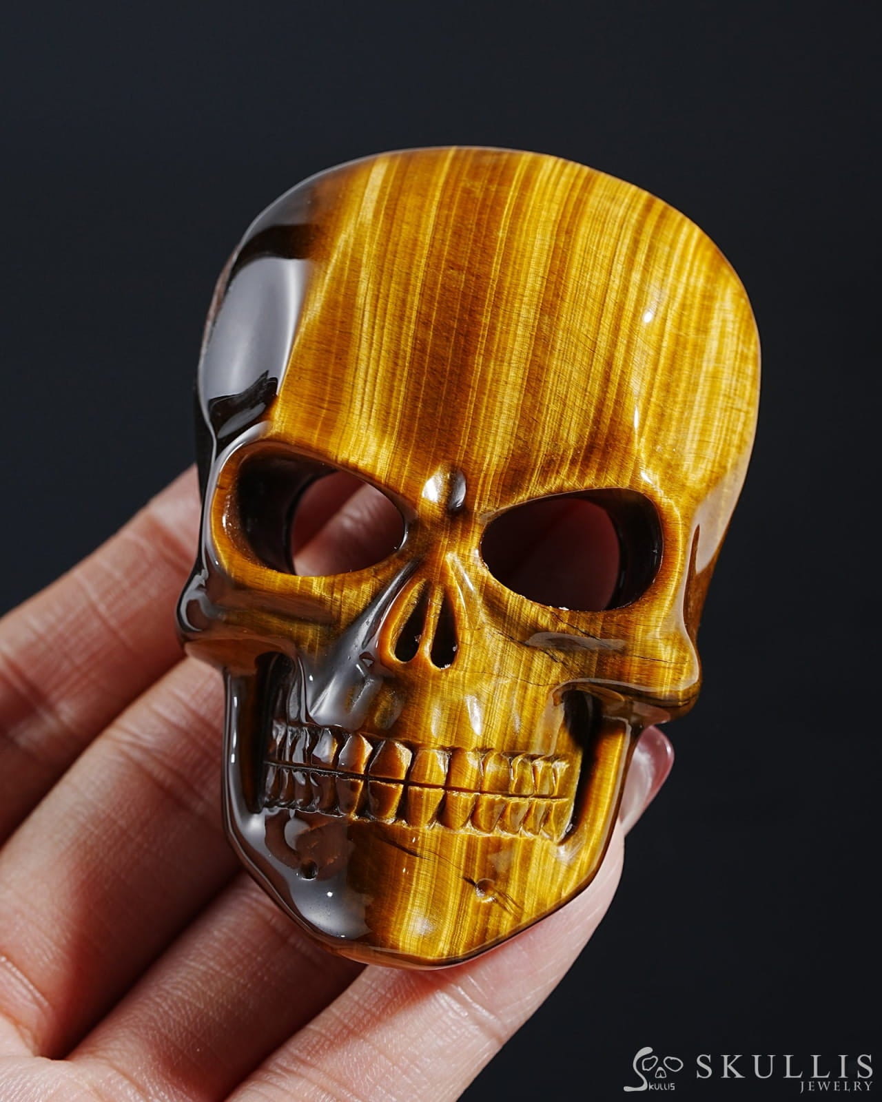 Gem Skull Buckle Of Gold Tiger’s Eye Hand Carved Hand Bones - 0800014 Skull Buckles