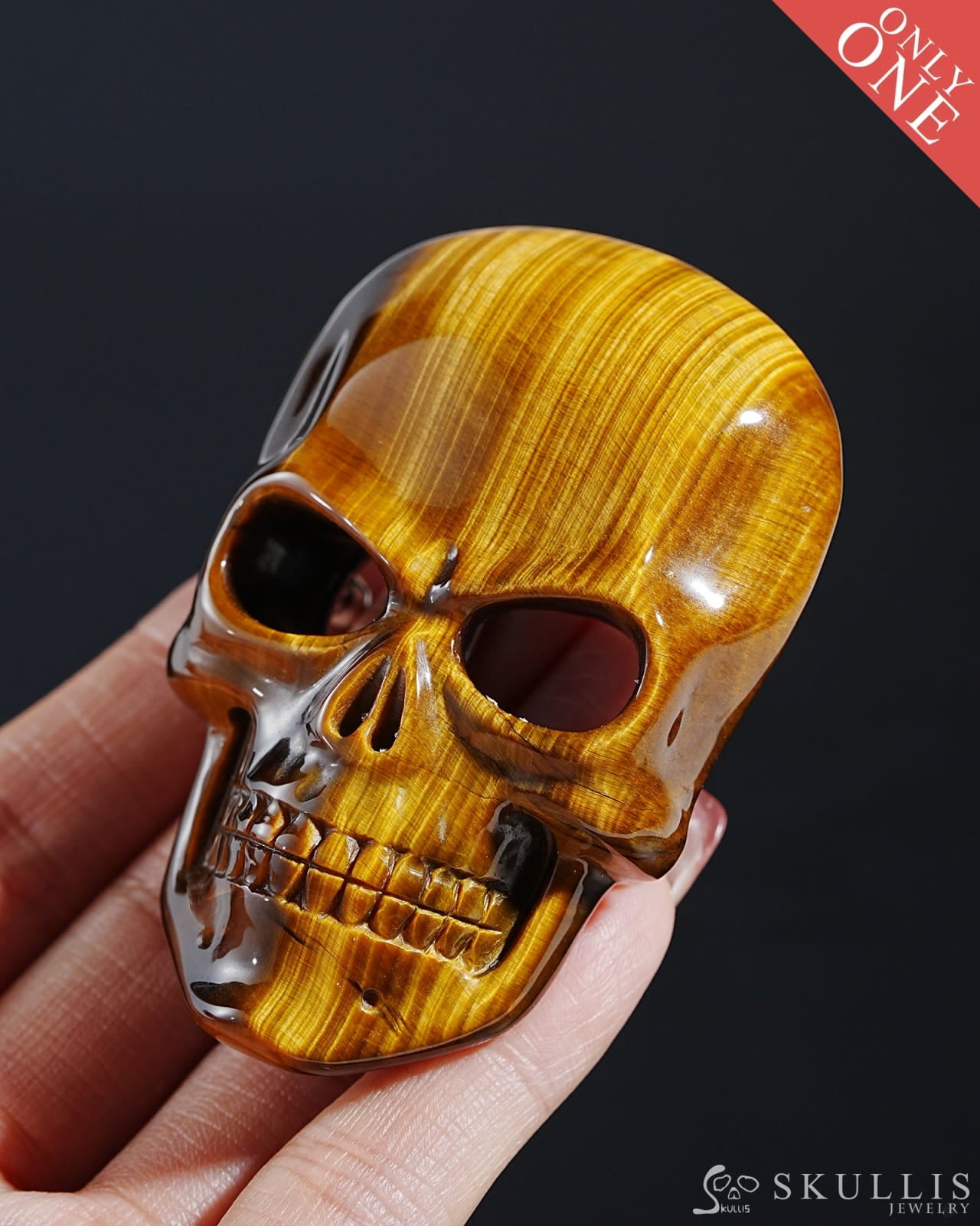 Gem Skull Buckle Of Gold Tiger’s Eye Hand Carved Hand Bones - 0800014 Skull Buckles