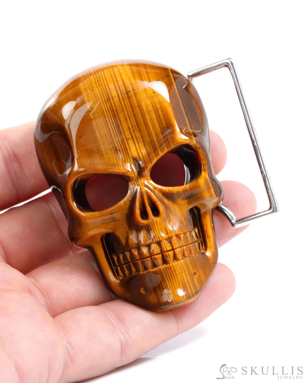 Super Flash Gem Skull Buckle of Gold Tiger’s Eye Carved Skull with Genuine Leather - 9500328 Skull Buckles