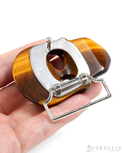 Super Flash Gem Skull Buckle of Gold Tiger’s Eye Carved Skull with Genuine Leather - 9500328 Skull Buckles