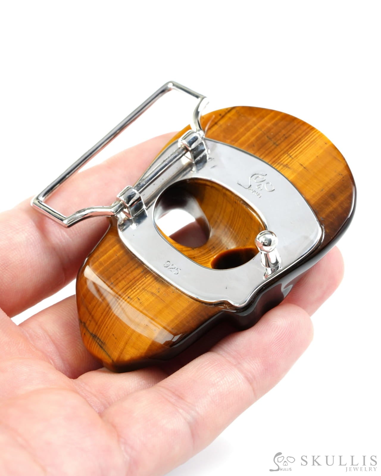 Super Flash Gem Skull Buckle of Gold Tiger’s Eye Carved Skull with Genuine Leather - 9500328 Skull Buckles