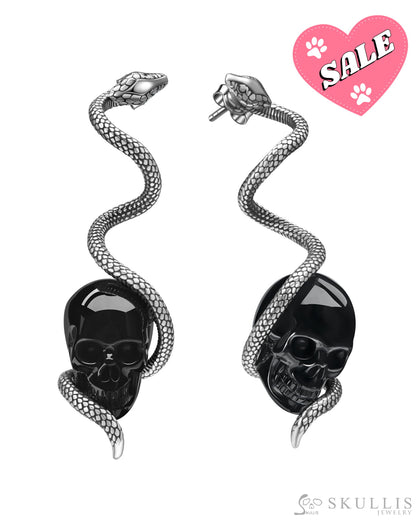 Gem Skull Earrings of Black Obsidian Carved Skull with 925 Sterling Silver Snake Skull Earrings