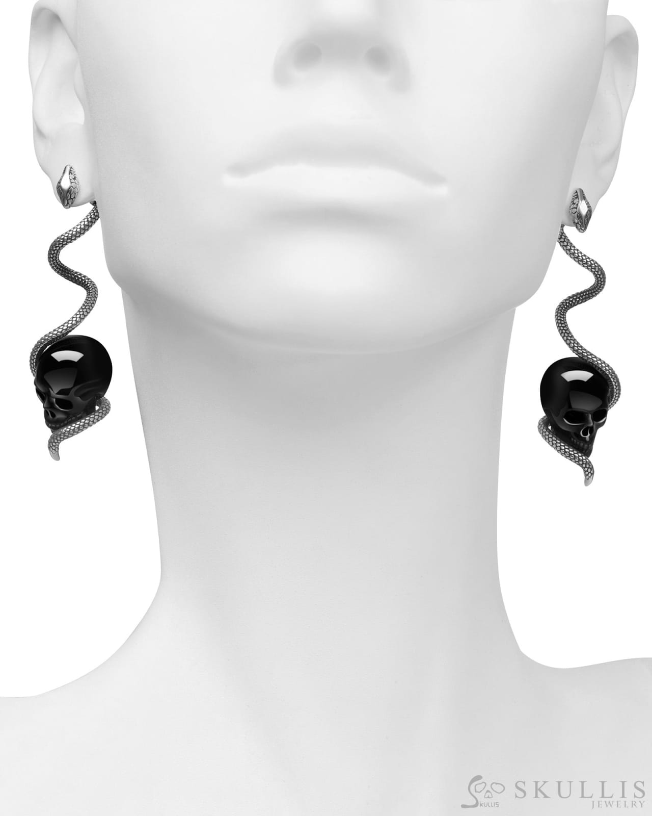 Gem Skull Earrings of Black Obsidian Carved Skull with 925 Sterling Silver Snake Skull Earrings