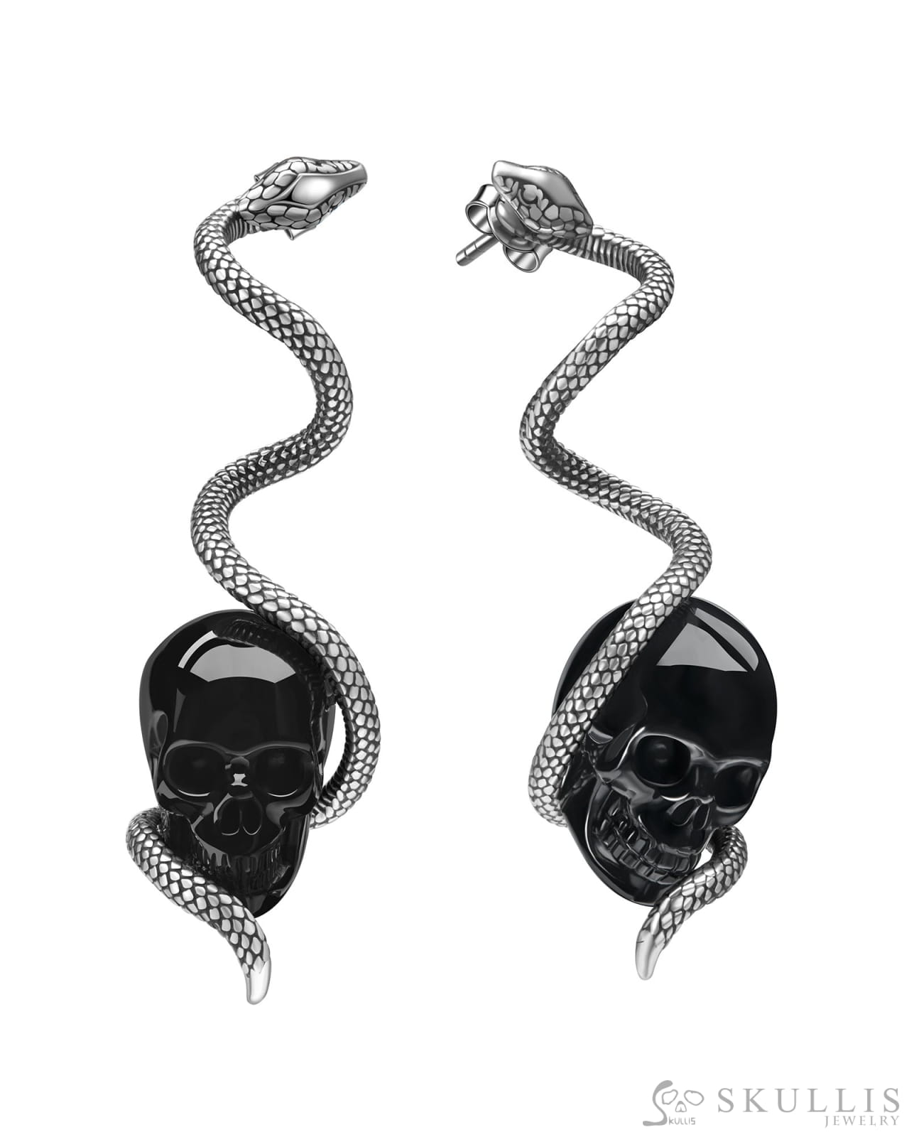 Gem Skull Earrings of Black Obsidian Carved Skull with 925 Sterling Silver Snake Skull Earrings
