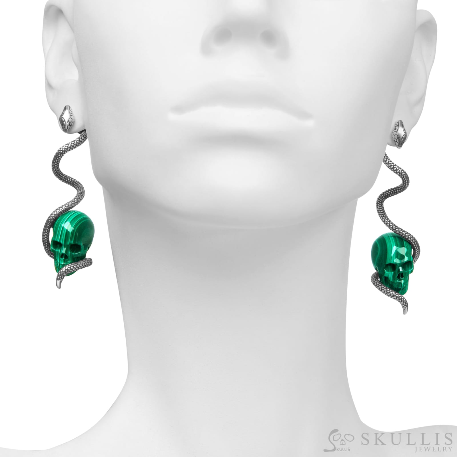 Gem Skull Earrings Of Malachite Carved With 925 Sterling Silver Snake