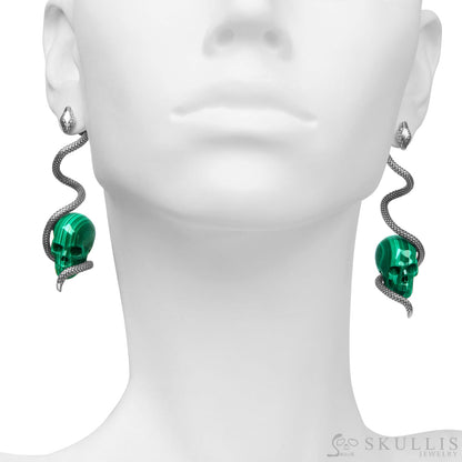 Gem Skull Earrings Of Malachite Carved With 925 Sterling Silver Snake