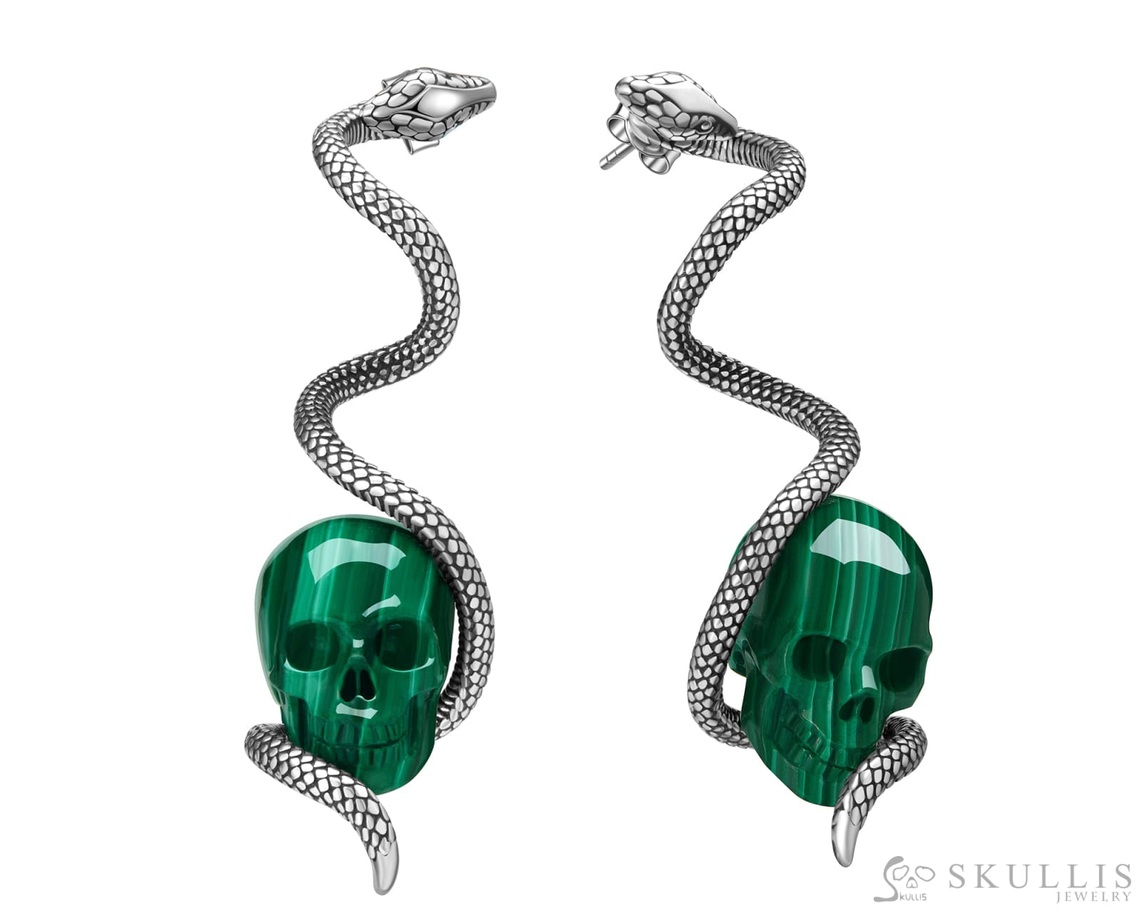 Gem Skull Earrings Of Malachite Carved With 925 Sterling Silver Snake
