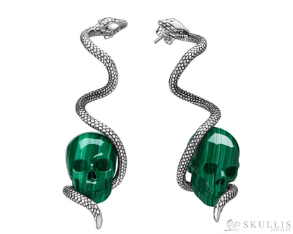 Gem Skull Earrings Of Malachite Carved With 925 Sterling Silver Snake