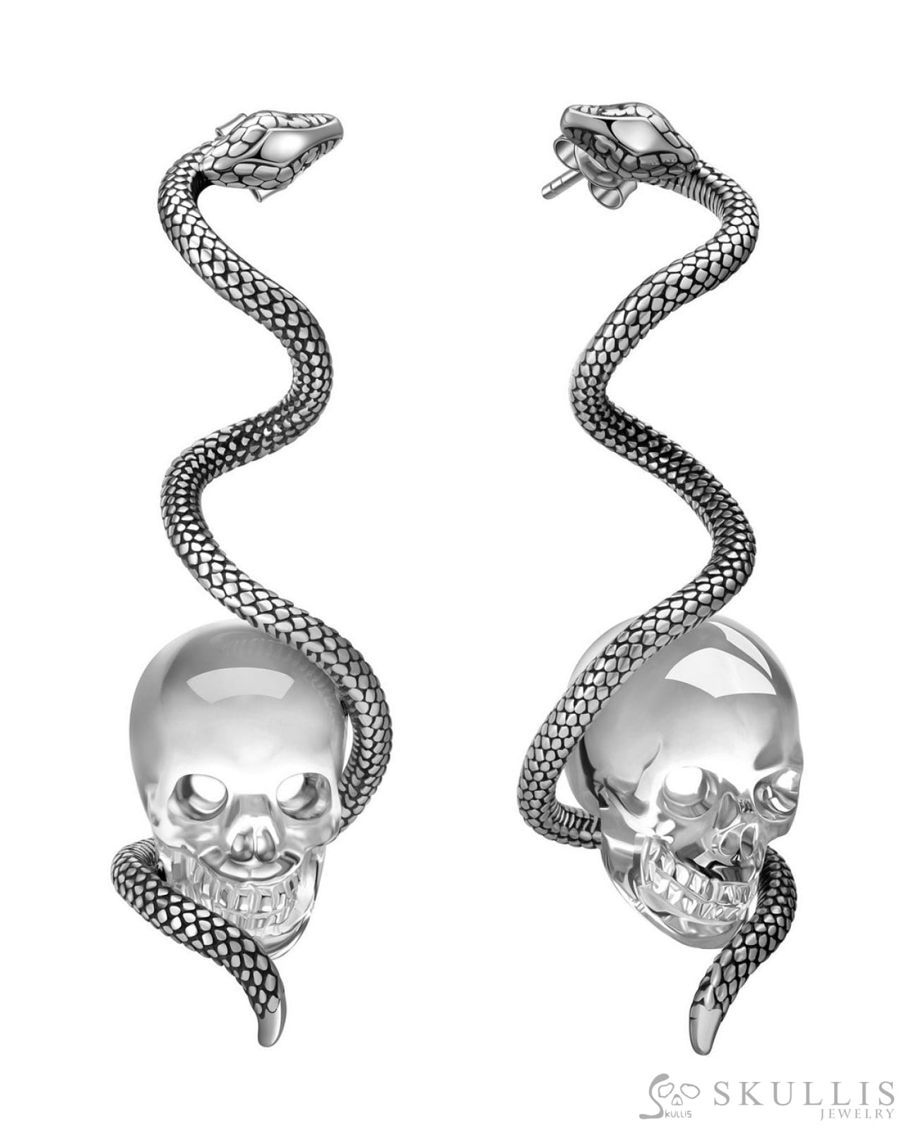 Gem Skull Earrings of Quartz Rock Crystal Carved Skull with 925 Sterling Silver Snake Skull Earrings