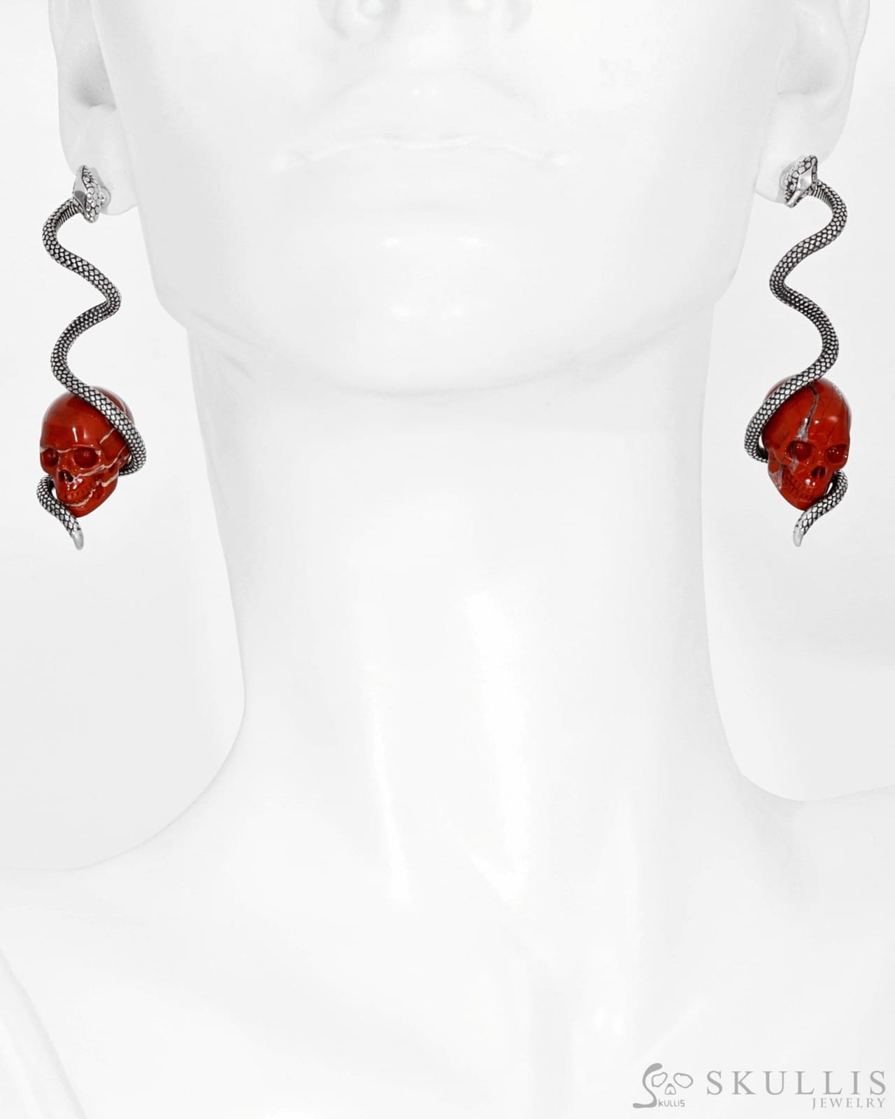 Gem Skull Earrings Of Red Jasper Carved In 925 Sterling Silver.