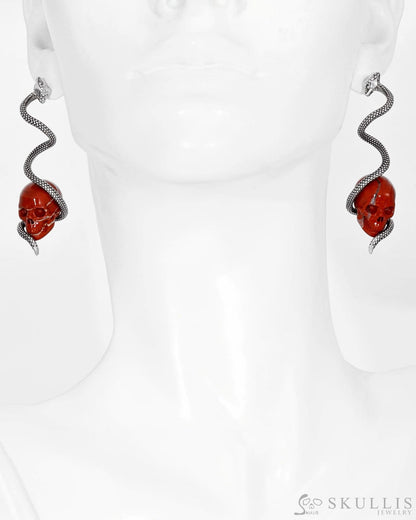 Gem Skull Earrings Of Red Jasper Carved In 925 Sterling Silver.