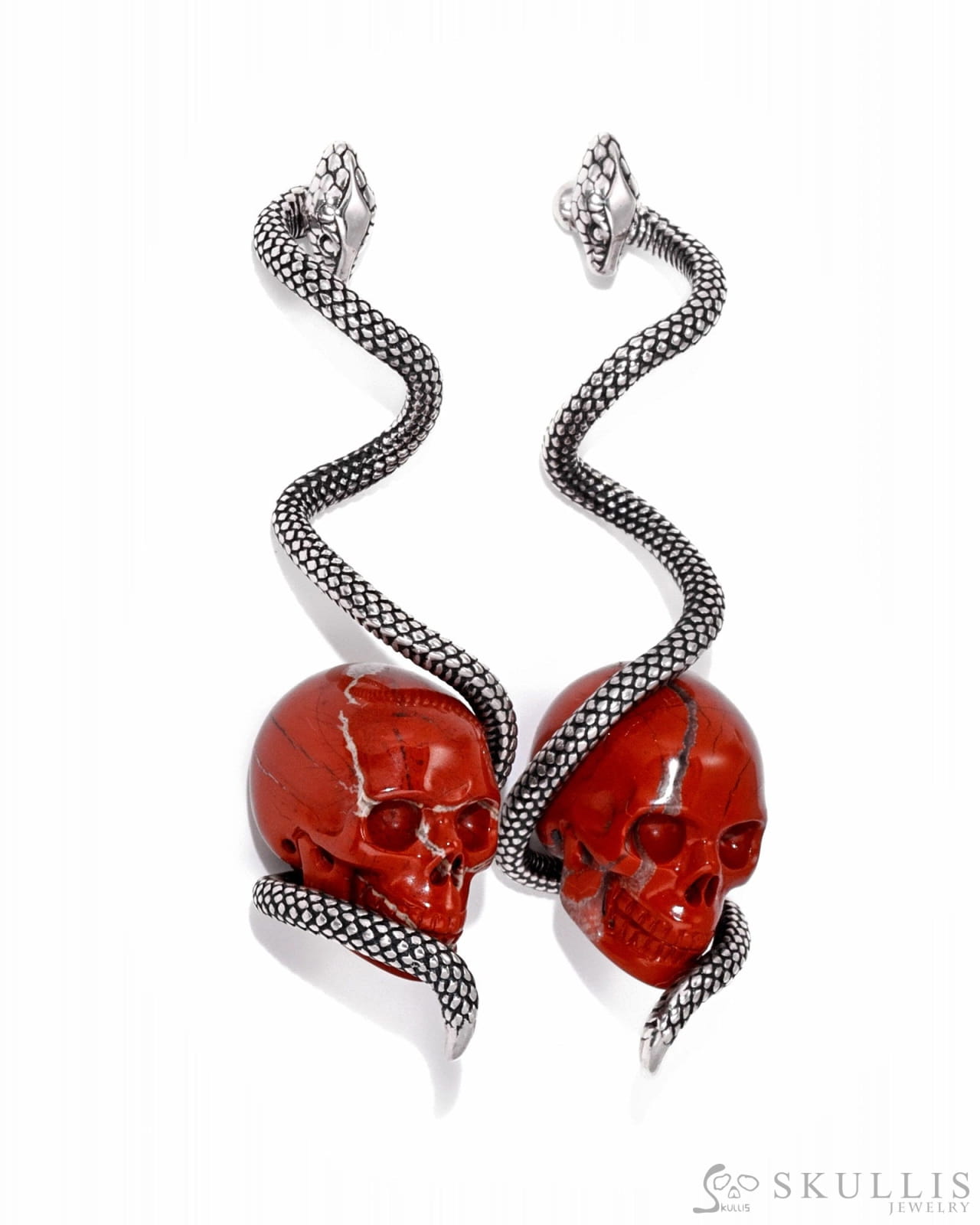 Gem Skull Earrings Of Red Jasper Carved In 925 Sterling Silver.