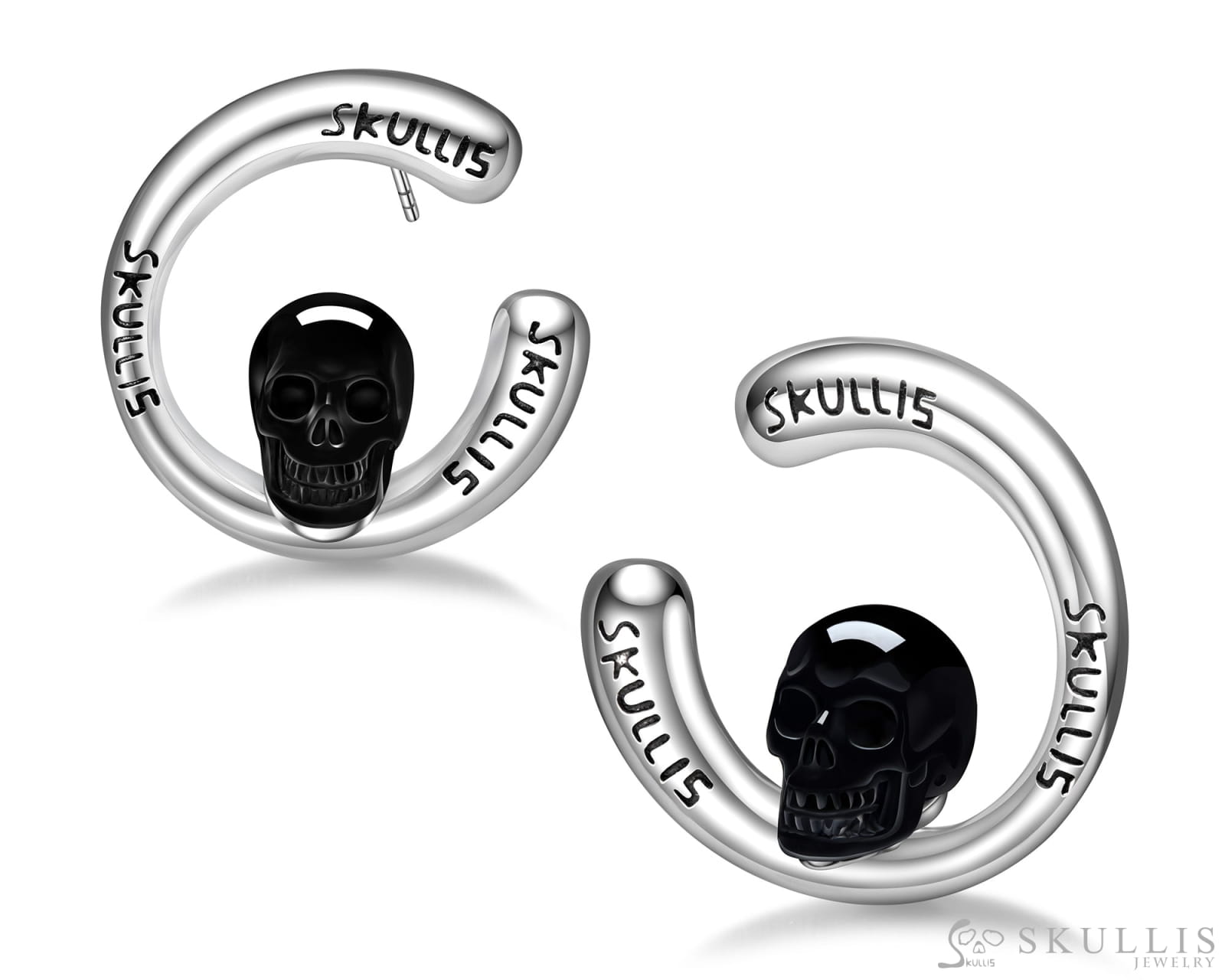 Gem Skull Earrings of Black Obsidian Carved Skull in 925 Sterling Silver Skull Earrings