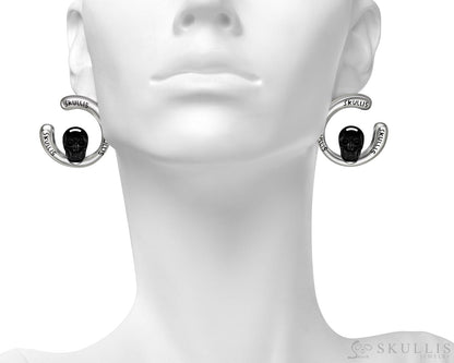 Gem Skull Earrings of Black Obsidian Carved Skull in 925 Sterling Silver Skull Earrings