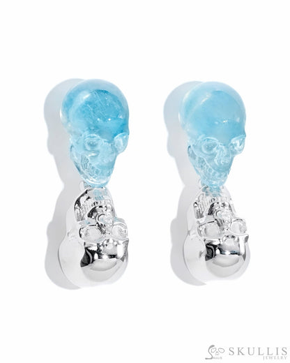 Skull Gem Earrings of Aquamarine Carved Skull 925 Sterling Silver-S0001717 Skull Earrings