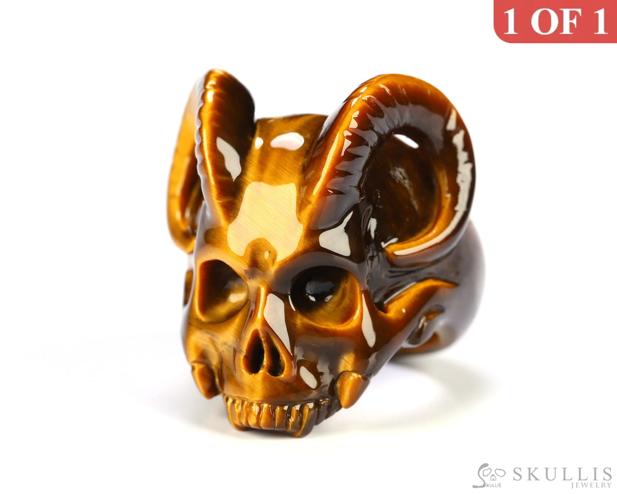 Gem Skull Ring of Gold Tiger’s Eye Carved Beast Skull US size 8 - 9800282 Skull Rings