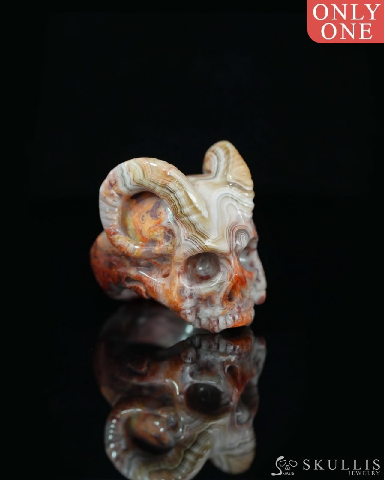 Gem Skull Ring of Red Crazy Lace Agate Carved Beast Skull US size 6.5 - 9500235 Skull Rings