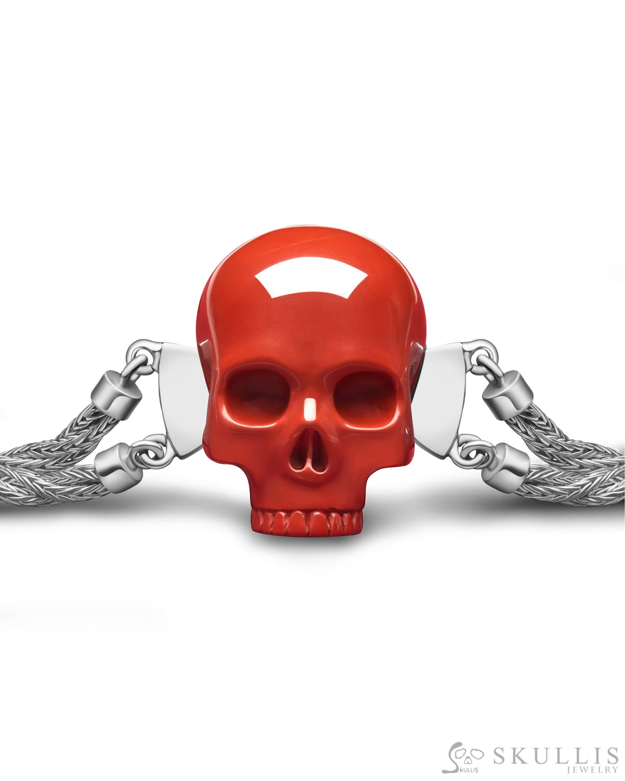 Gem Skull Bracelet of Red Jasper Carved Skull in 925 Sterling Silver Skull Bracelets