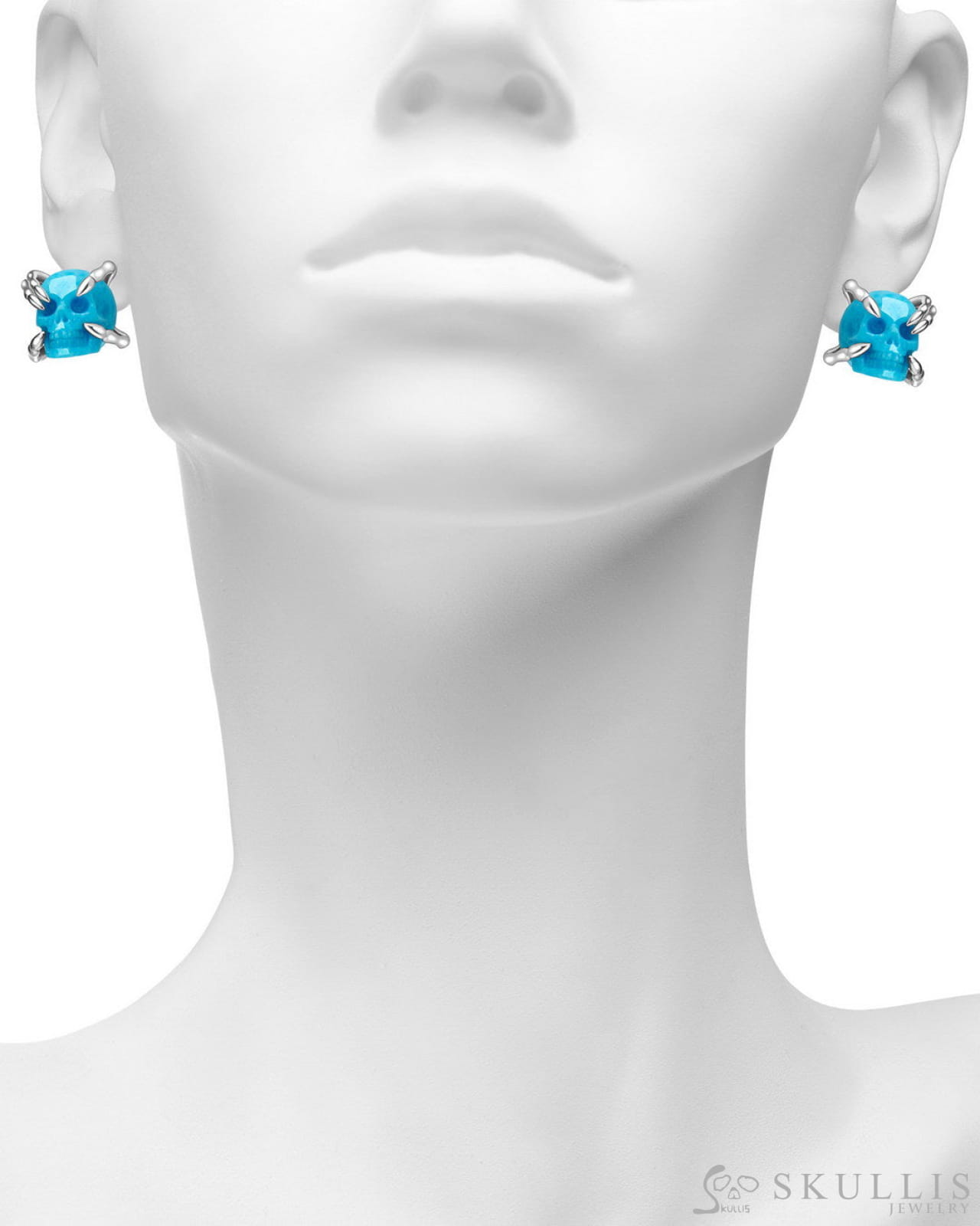 Gem Skull Earrings of American Turquoise Carved Skull 925 Sterling Silver Skull Earrings