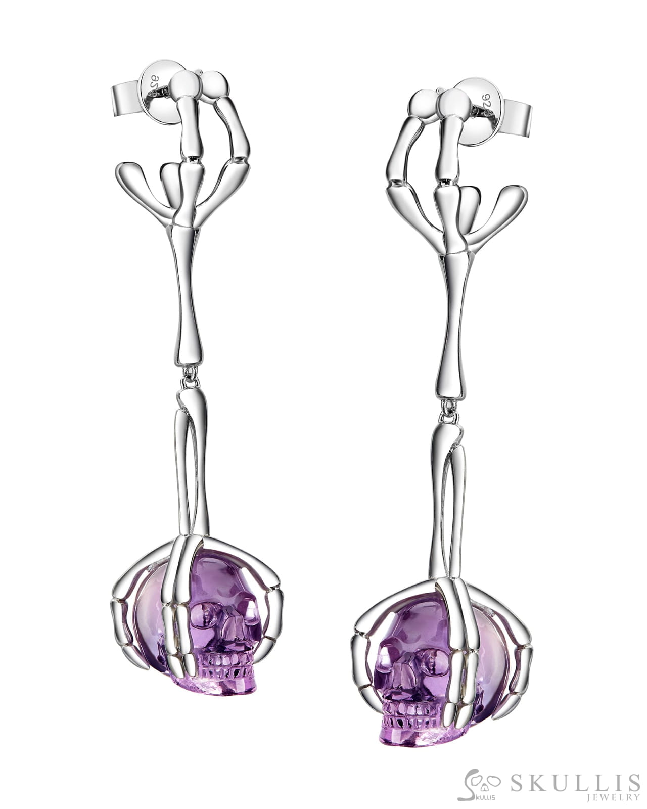 Gem Skull Earrings of Amethyst Carved Skull in 925 Sterling Silver Skull Earrings