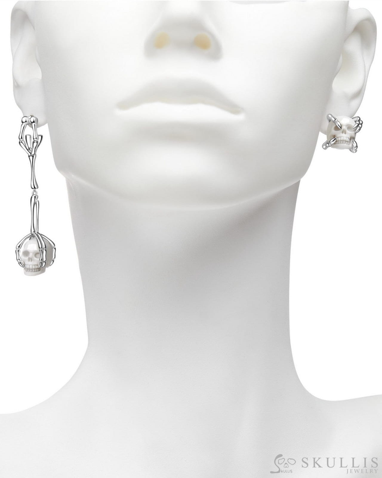 Gem Skull Earrings of White Jasper Carved Skull in 925 Sterling Silver Skull Earrings
