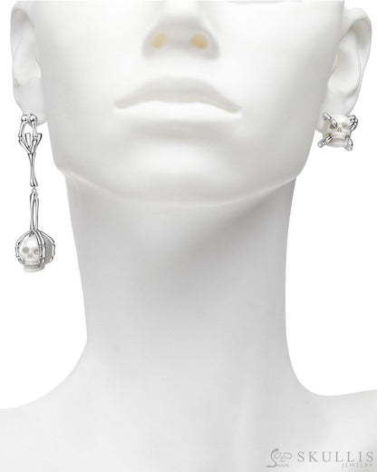 Gem Skull Earrings of White Jasper Carved Skull in 925 Sterling Silver Skull Earrings