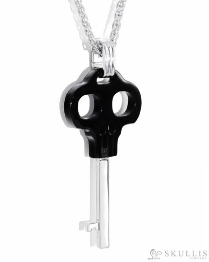 Gem Skull Pendant Necklace of Black Obsidian Carved Key Skull with 925 Sterling Silver Skull Pendants