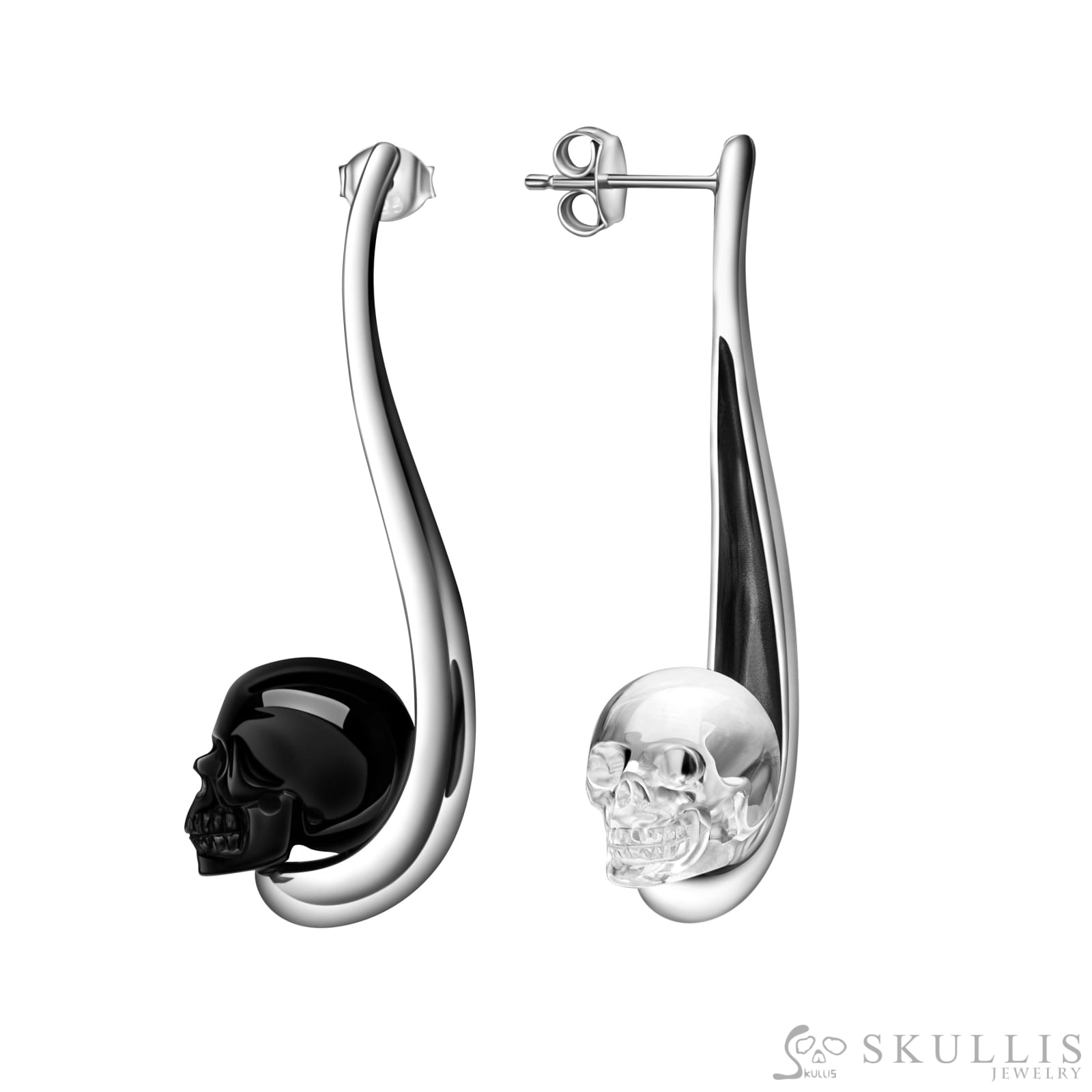 Gem Skull Earrings Of Black Obsidian & Quartz Rock