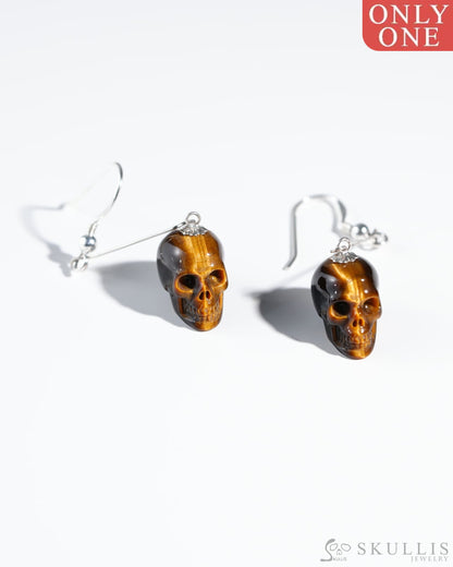 Gem Skull Pendant Necklace Of Gold Tiger’s Eye Carved Skull With Bail In 925 Sterling