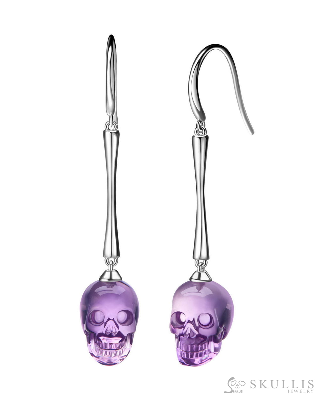 The Pendulum - Gem Skull Earrings of Amethyst Carved Skull 925 Sterling Silver Skull Earrings