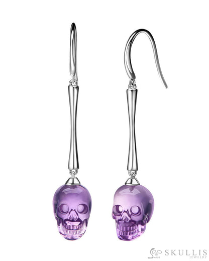 The Pendulum - Gem Skull Earrings of Amethyst Carved Skull 925 Sterling Silver Skull Earrings