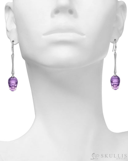 The Pendulum - Gem Skull Earrings of Amethyst Carved Skull 925 Sterling Silver Skull Earrings