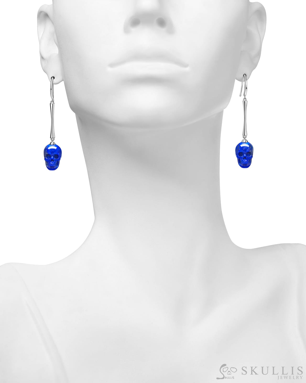 The Pendulum - Gem Skull Earrings of Lapis Lazuli Carved Skull 925 Sterling Silver Skull Earrings