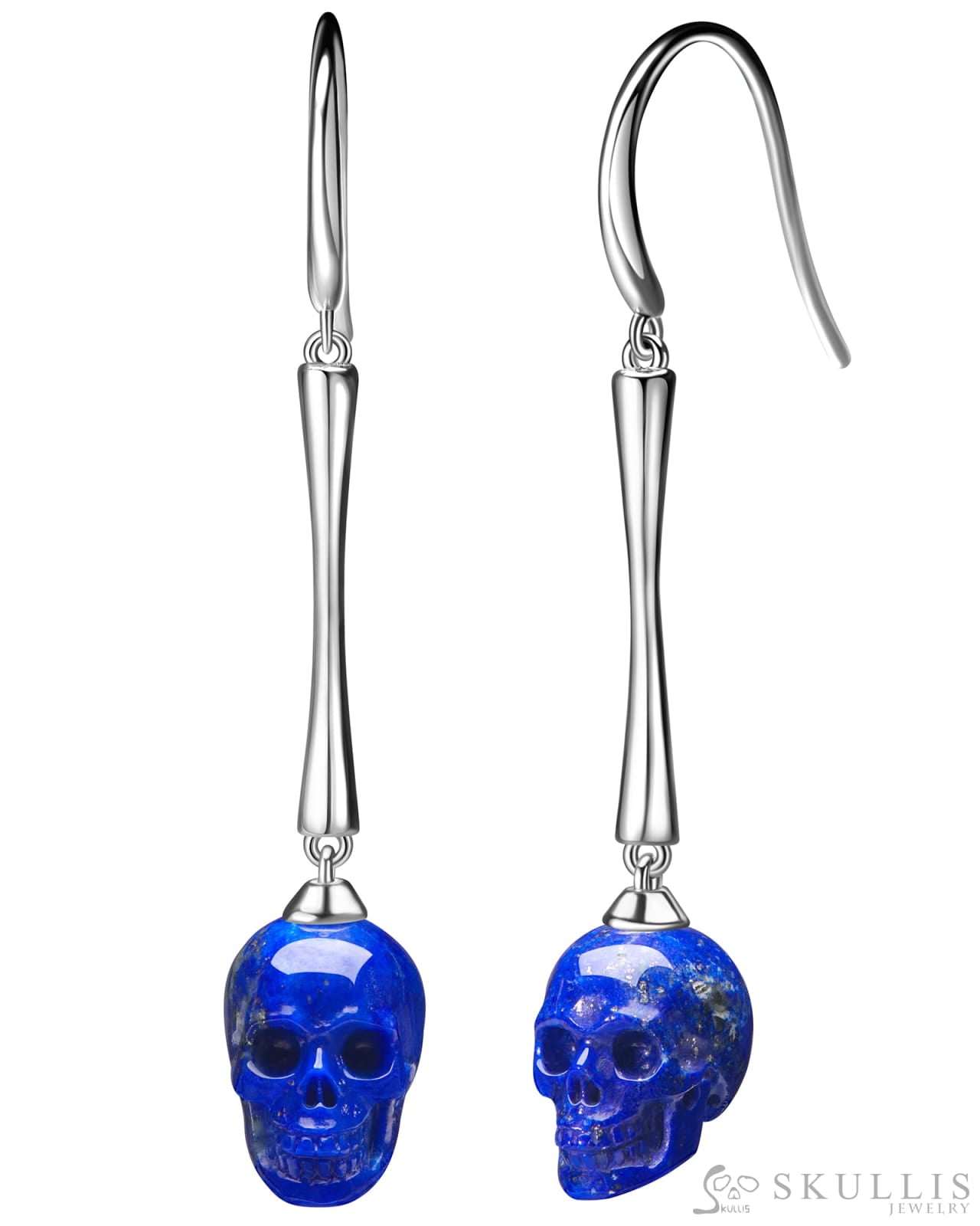 The Pendulum - Gem Skull Earrings of Lapis Lazuli Carved Skull 925 Sterling Silver Skull Earrings