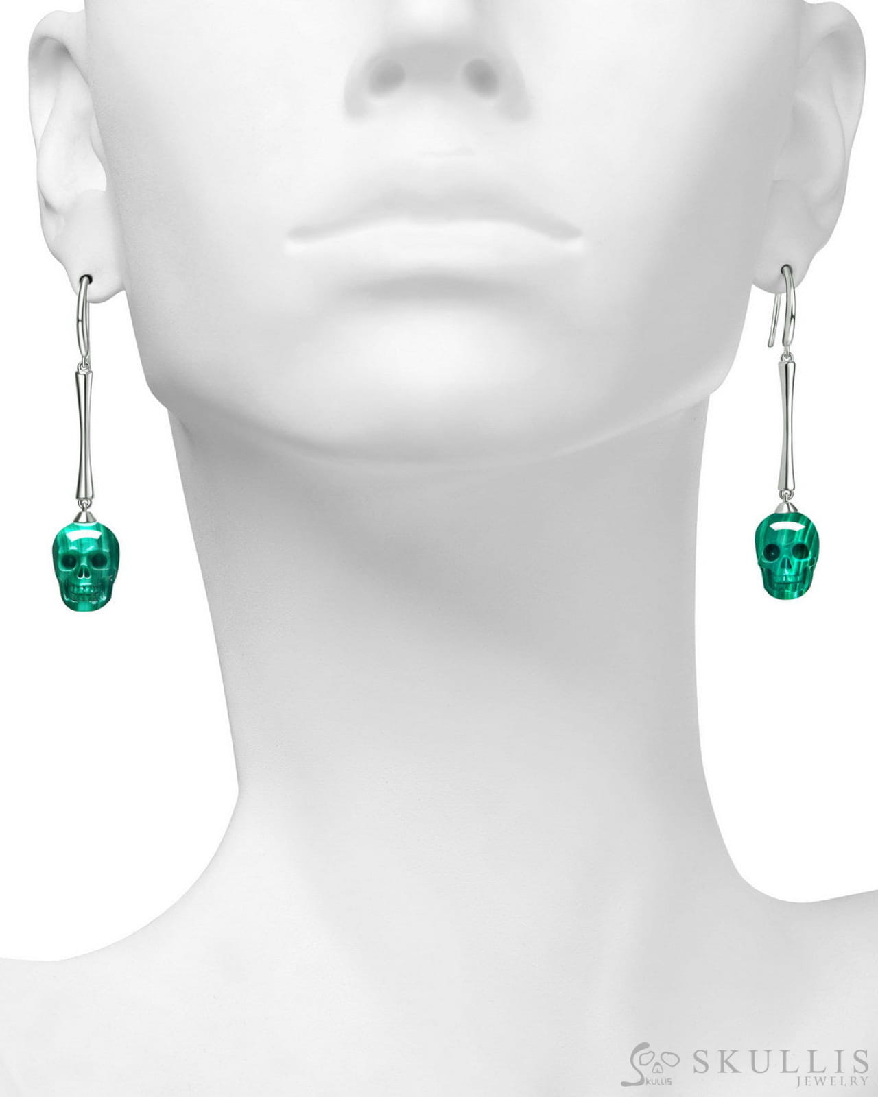 The Pendulum - Gem Skull Earrings of Malachite Carved Skull 925 Sterling Silver Skull Earrings