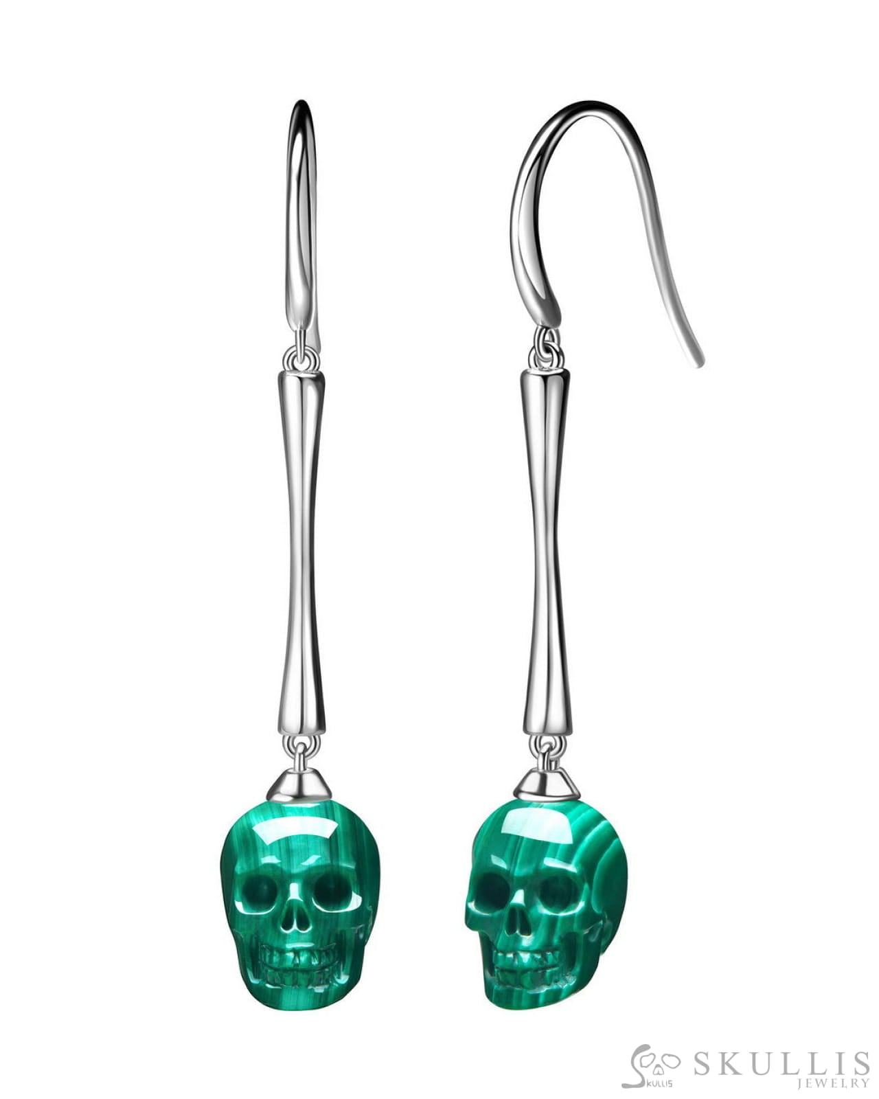 The Pendulum - Gem Skull Earrings of Malachite Carved Skull 925 Sterling Silver Skull Earrings