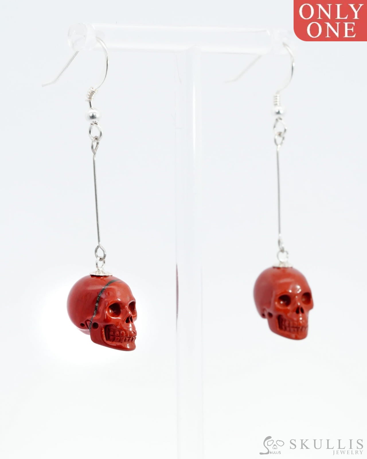 Gem Skull Pendant Necklace Of Red Jasper Carved Skull With Bail In 925 Sterling Silver -