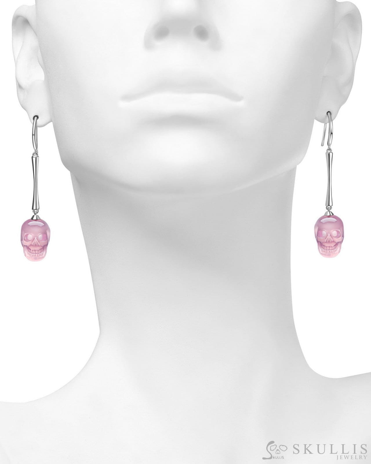 The Pendulum - Skull Gem Earrings of Rose Quartz Carved Skull 925 Sterling Silver Skull Earrings
