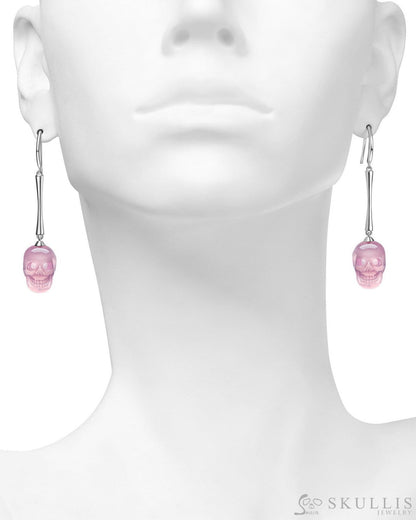 The Pendulum - Skull Gem Earrings of Rose Quartz Carved Skull 925 Sterling Silver Skull Earrings
