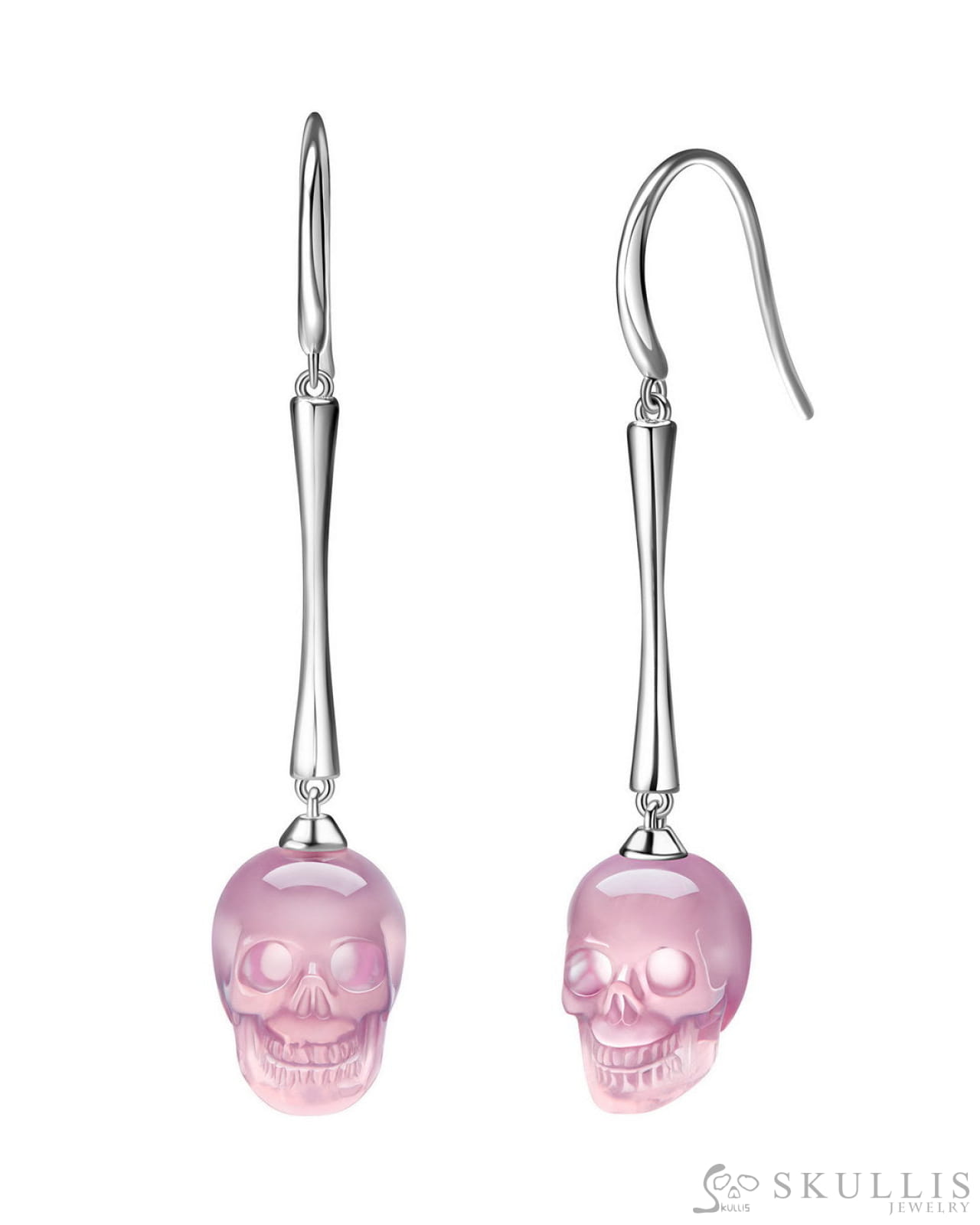 The Pendulum - Skull Gem Earrings of Rose Quartz Carved Skull 925 Sterling Silver Skull Earrings