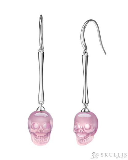 The Pendulum - Skull Gem Earrings of Rose Quartz Carved Skull 925 Sterling Silver Skull Earrings