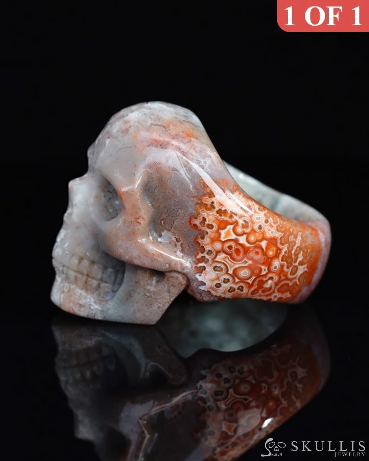 Gem Skull Ring of Red Crazy Lace Agate Carved Skull US size 12 - 9500196 Skull Rings